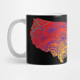 Colorful mandala art map of the United States of America in orange and red with blue Mug